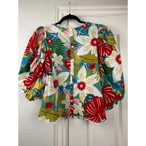 SUGARLIPS Tropical Puff Sleeve Blouse Floral Resort Statement Top M - Picture 2 of 8